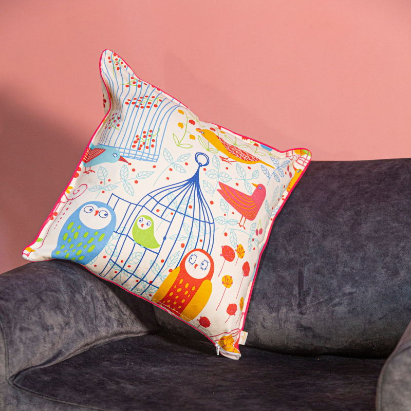 Funda Cojín Estampado Familia de Pájaros